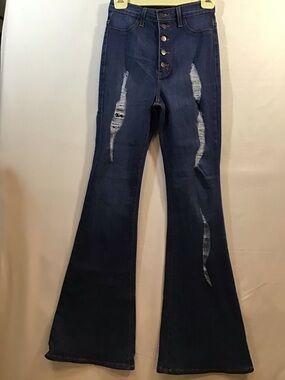 Fashion Nova Dark Blue High-Rise Distressed Flare Jeans